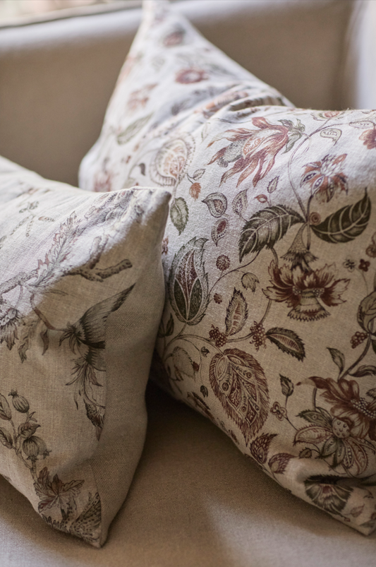 Cojín Estampado · Puro Lino Lavado · Toile Pájaros y Paisley