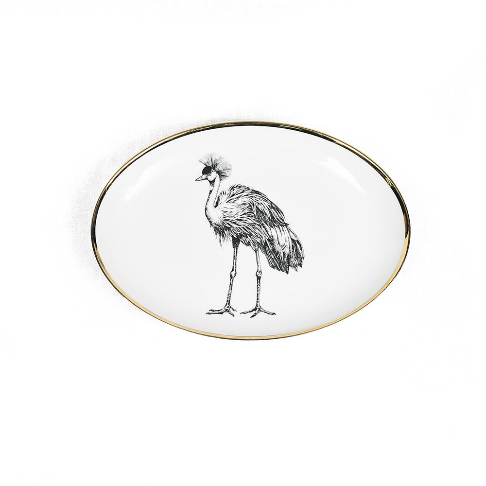 Fuente ovalada pequeña de porcelana de limoges con diseño grulla Lo de Manuela